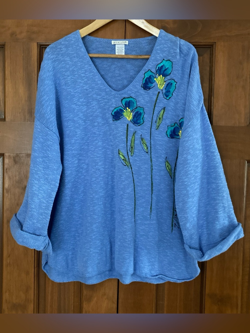 Avalin Blue Floral V-Neck Sweater 100% cotton women’s one size